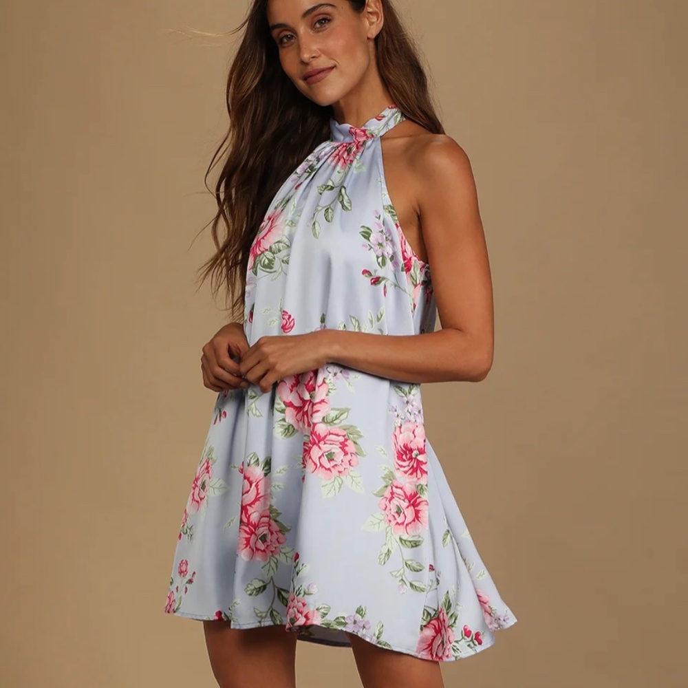 Get a Bloom Light Blue Floral Print Satin Halter Mini Dress